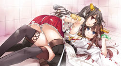 Rule 34 | 10s, 2girls, bare shoulders, bathroom, black hair, black legwear, blue eyes, blush, boots, breasts, brown eyes, brown hair, detached sleeves, frilled skirt, frills, hair ornament, hairband, haruna (kancolle), headgear, holding, japanese clothes, kantai collection, kongou (kancolle), large breasts, long hair, lying, multiple girls, nakajima yuka, nontraditional miko, on back, open mouth, panties, ribbon-trimmed sleeves, ribbon trim, showering, sideboob, skirt, smile, soap bubbles, soapy, thigh boots, thighhighs, tile floor, tile wall, tiles, underwear, white panties, yuri