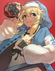 Rule 34 | 1boy, absurdres, androgyne symbol, blonde hair, blue eyes, bridget (guilty gear), clenched hand, closed mouth, fingerless gloves, gloves, guilty gear, guilty gear strive, highres, hood, hood up, hoodie, light smile, male focus, medium hair, nendo23, nun, red background, simple background, sketch, solo, trap, yo-yo