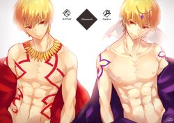 Rule 34 | 2boys, abs, arabian clothes, bare pectorals, blonde hair, commentary request, earrings, fate/grand order, fate (series), fujikiri yana, gilgamesh, gilgamesh (caster) (fate), gilgamesh (fate), jewelry, looking at viewer, male focus, multiple boys, muscular, navel, pectorals, red eyes, topless male, smile, upper body