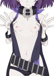 Rule 34 | 1girl, black choker, bracelet, breasts, choker, frown, head out of frame, highres, jewelry, medium hair, morisobo, navel, nipples, paid reward available, pale skin, purple hair, revealing clothes, simple background, small breasts, solo, symonne (tales), tales of (series), tales of zestiria, white background