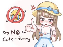Rule 34 | 1girl, anatomy of a gamer (meme), anger vein, annoyed, anti-chan, black eyes, blue bow, blue dress, blush, borrowed character, bow, breasts, brown hair, child, child gf (orenji), dress, english text, fang, green eyes, hat, hat bow, highres, long hair, original, pointing, pointing at viewer, small breasts, solo, sun hat, uohhhhhhhhh! (meme), white background