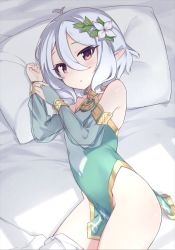 Rule 34 | 1girl, bad id, bad twitter id, bare shoulders, bridal gauntlets, covered navel, detached sleeves, dress, flat chest, flower, hair flower, hair ornament, halterneck, hip bones, kokkoro (princess connect!), kylin, looking at viewer, lying, no panties, on bed, on side, parted lips, pelvic curtain, pillow, pointy ears, princess connect!, see-through, short dress, short hair, silver hair, solo