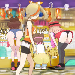 Rule 34 | 4girls, ass, bag, bent over, bike shorts, black legwear, black panties, blonde hair, blurry, blurry foreground, breasts, brown hair, commentary request, creatures (company), denim, denim shorts, double bun, fanny pack, from behind, from side, game freak, hair bun, hairband, handbag, hat, highres, hilda (pokemon), kneepits, legs, long hair, looking at another, looking at ass, may (pokemon), medium hair, microsd (pibo), multiple girls, nintendo, panties, pokemon, pokemon bw, pokemon bw2, pokemon oras, pokemon xy, red skirt, rosa (pokemon), serena (pokemon), shoes, short hair, short shorts, shorts, skirt, small breasts, sneakers, squatting, tank top, thighhighs, twintails, underwear, yellow skirt