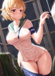 Rule 34 | 1girl, absurdres, blonde hair, blue skirt, blush, bow, bow panties, breasts, brown hair, cameltoe, cleft of venus, collarbone, commentary request, covered erect nipples, etsunami kumita, gluteal fold, green sailor collar, highres, indoors, kantai collection, large breasts, oboro (kancolle), panties, parted lips, sailor collar, school uniform, see-through, serafuku, shirt, short hair, short sleeves, skirt, unworn skirt, solo, thighs, towel, underwear, undressing, wet, wet clothes, white panties, white shirt