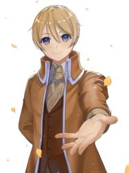 Rule 34 | 1boy, aku no meshitsukai (vocaloid), allen avadonia, arm behind back, ascot, backlighting, blonde hair, bloom, blue eyes, evillious nendaiki, foreshortening, highres, jacket, kagamine len, looking at viewer, male focus, mayo (mayone-u), outstretched hand, petals, pov, reaching, reaching towards viewer, short hair, smile, solo, upper body, vocaloid, yellow jacket