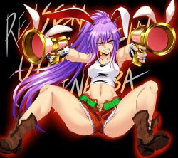 Rule 34 | 1girl, aiming, alternate costume, alternate hairstyle, animal ears, ass, text background, bad id, bad twitter id, belt, black background, black lagoon, boots, rabbit ears, character name, cigarette, contemporary, cosplay, crop top, denim, denim shorts, dual wielding, fingerless gloves, full body, gloves, grin, hijikawa arashi, holding, long hair, looking at viewer, lunatic gun, midriff, navel, outstretched arms, ponytail, purple hair, red eyes, reisen udongein inaba, revy (black lagoon), revy (black lagoon) (cosplay), shorts, sleeveless, smile, smirk, solo, spread legs, tank top, touhou, unbuttoned