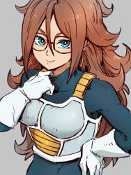 Rule 34 | 1girl, android 21, blue eyes, closed mouth, cosplay, dragon ball, dragon ball fighterz, earrings, glasses, gloves, grey background, hair between eyes, hand on own hip, hoop earrings, jewelry, kemachiku, looking at viewer, red hair, simple background, smile, solo, vegeta, vegeta (cosplay), white gloves