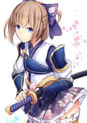 Rule 34 | 1girl, armor, blue eyes, bow, brown hair, clothing request, daiaru, falling petals, floral print, four goddesses online: cyber dimension neptune, hair bow, holding, japanese armor, japanese clothes, katana, neptune (series), petals, rom (neptunia), samurai, sheath, short hair, simple background, sketch, skirt, smile, solo, sword, thighhighs, weapon, white background, zettai ryouiki