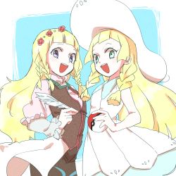 Rule 34 | 2girls, :d, bare arms, blonde hair, braid, collared dress, color connection, creatures (company), dress, game freak, green eyes, hat, highres, holding, holding poke ball, lillie (pokemon), long hair, multiple girls, nintendo, open mouth, poke ball, pokemon, pokemon sm, quill, shirley fennes, sleeveless, sleeveless dress, smile, sun hat, sundress, tales of (series), tales of legendia, twin braids, white dress, white hat, youme (xz)