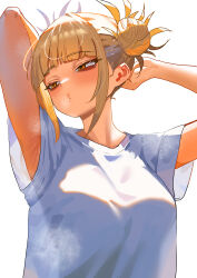 1girl absurdres armpits bags_under_eyes blonde_hair boku_no_hero_academia double_bun hair_bun highres messy_hair puckered_lips shirt simple_background slit_pupils solo toga_himiko white_background white_shirt yellow_eyes zd_(pixiv6210083)