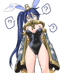 Rule 34 | 1girl, ?, alternate costume, animal ears, bare legs, black leotard, blue eyes, blue hair, breasts, broken, broken chain, cape, chain, chained, collar, confused, covered navel, cuffs, duel monster, fake animal ears, fake tail, gluteal fold, hair between eyes, highleg, highleg leotard, large breasts, leotard, long hair, looking at viewer, metal collar, playboy bunny, rabbit ears, rabbit tail, side ponytail, solo, spoken question mark, strapless, strapless leotard, tail, unchained twins - rakea, very long hair, yamato usagi, yu-gi-oh!