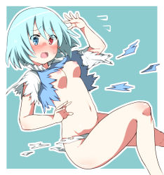 Rule 34 | 1girl, blue eyes, blush, breasts, commentary, d:, embarrassed, flying sweatdrops, heterochromia, highres, kz oji, medium breasts, navel, nipples, nude, open mouth, panties, red eyes, shirt, short hair, solo, stomach, surprised, tatara kogasa, thighs, torn clothes, torn panties, torn shirt, torn vest, touhou, underwear