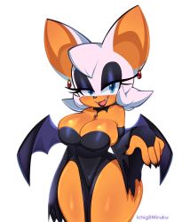 Rule 34 | 1girl, :d, absurdres, artist name, bat girl, black dress, blue eyes, breasts, cleavage, dress, earrings, fangs, furry, furry female, highres, ichig8miruku, jewelry, large breasts, nail polish, open mouth, rouge the bat, side slit, simple background, smile, solo, sonic (series), strapless, strapless dress, thick thighs, thighs, white background, wings