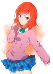 Rule 34 | 10s, 1girl, alternate costume, cardigan, looking at viewer, love live!, love live! school idol project, nico dot, nishikino maki, plaid, plaid skirt, red eyes, red hair, short hair, skirt, smile, solo, sweater