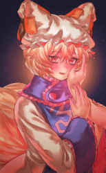 Rule 34 | 1girl, blonde hair, blush, fox tail, hair between eyes, hand on another&#039;s cheek, hand on another&#039;s face, hat, highres, long sleeves, looking at viewer, masanaga (tsukasa), mob cap, multiple tails, open mouth, red eyes, short hair, solo focus, tabard, tail, touhou, upper body, yakumo ran