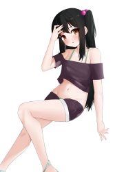 Rule 34 | 1girl, adachi tenka, bare legs, bare shoulders, black hair, black shirt, black shorts, blush, bra strap, brown eyes, crop top, feet out of frame, groin, hair bobbles, hair ornament, hand up, highres, long hair, looking at viewer, midriff, navel, off-shoulder shirt, off shoulder, shirt, short shorts, short sleeves, shorts, shoujo ramune, sidelocks, simple background, solo, stomach, thighs, two side up, very long hair, white background, zerotwenty (020)