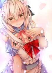 Rule 34 | 1girl, apron, bare shoulders, black bow, blonde hair, blue dress, blue hairband, blush, body writing, bow, breasts, cleavage, closed mouth, commentary request, dress, fate/grand order, fate (series), flower, frilled sleeves, frills, hair between eyes, hair bow, hair flower, hair ornament, hairband, hand on own chest, hatori mia, highres, large breasts, looking at viewer, maid apron, okita souji (fate), okita souji (koha-ace), petals, red ribbon, ribbon, short hair, smile, solo, standing, yellow eyes