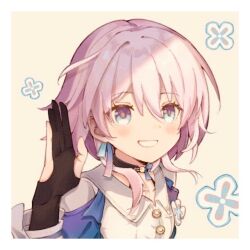 Rule 34 | 1girl, archery shooting glove, black choker, blue eyes, choker, commentary, grin, honkai: star rail, honkai (series), march 7th (honkai: star rail), medium hair, partially fingerless gloves, pink hair, smile, solo, syall, symbol-only commentary, two-tone eyes