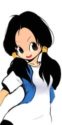 Rule 34 | 1girl, :d, black eyes, black hair, dragon ball, dragon ball z, dragonball z, hair tubes, long hair, long image, okera, open mouth, simple background, smile, solo, tall image, twintails, videl, white background