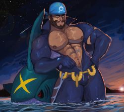 Rule 34 | 1boy, abs, archie (pokemon), bandana, bara, beard, body hair, brown hair, bulge, chest hair, commentary request, creatures (company), facial hair, game freak, gen 3 pokemon, highres, large pectorals, looking at viewer, male focus, male pubic hair, manly, muscular, nintendo, nipples, pectorals, pokemon, pokemon (creature), pokemon oras, pubic hair, ruslorc, sharpedo, skin tight, thighs, tight clothes, upper body
