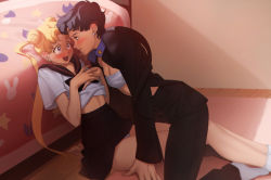 Rule 34 | 1990s (style), 2girls, aconitea, all fours, arm support, bad id, bad pixiv id, bare legs, bed, bedroom, bishoujo senshi sailor moon, bishoujo senshi sailor moon sailor stars, bishoujo senshi sailor moon stars, black hair, black pants, black skirt, blonde hair, blouse, blue eyes, blush, breasts, carpet, clothes lift, double bun, earrings, eye contact, face-to-face, gakuran, girl on top, hair bun, hands on own chest, indoors, jacket, jewelry, juuban high school uniform, kneeling, long hair, long sleeves, looking at another, medium breasts, midriff, multiple girls, nervous smile, nose blush, on floor, open clothes, open jacket, open mouth, panties, pants, panty peek, ponytail, profile, retro artstyle, reverse trap, sarashi, school uniform, seiya kou, serafuku, shirt, shirt lift, short sleeves, sitting, skirt, skirt lift, smile, stud earrings, sweat, tsukino usagi, twintails, underwear, very long hair, white panties, white shirt, wooden floor, yuri