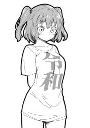 Rule 34 | 1girl, alternate costume, arms behind back, blush, breasts, closed mouth, commentary request, greyscale, hair bobbles, hair ornament, monochrome, onozuka komachi, pera-o, shirt, simple background, solo, t-shirt, touhou, two side up