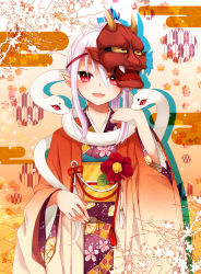 Rule 34 | 1girl, absurdres, bad id, bad pixiv id, bell, chiyomatsu, egasumi, fang, floral print, flower, goma (11zihisin), highres, horns, japanese clothes, kimono, long hair, mask, original, pointy ears, red eyes, seigaiha, single horn, smile, snake, solo, standing, traditional clothes, white hair, yagasuri