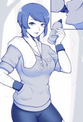 Rule 34 | 1girl, absurdres, bike shorts, blue theme, blueriest, blush, bottle, breasts, clothes writing, collarbone, commentary, drinking, english commentary, exercising, gordelia (blueriest), hand in pocket, highres, hood, hoodie, inset, large breasts, looking at viewer, medium hair, monochrome, original, parted lips, solo, sweat, swept bangs, towel, towel around neck, water bottle, wristband