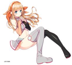 Rule 34 | 1girl, :/, asymmetrical footwear, asymmetrical legwear, bad id, bad pixiv id, bare shoulders, black thighhighs, blonde hair, blue eyes, blush, boots, breasts, closed mouth, crop top, detached sleeves, fingers together, from side, full body, grey thighhighs, hair ribbon, hairband, highres, long hair, looking at viewer, looking to the side, medium breasts, midriff, mismatched footwear, mismatched legwear, navel, orange ribbon, original, ribbon, sakuragi ren, shirt, showgirl skirt, sidelocks, simple background, sleeveless, sleeveless shirt, sleeveless turtleneck, solo, stomach, thigh boots, thighhighs, turtleneck, white background