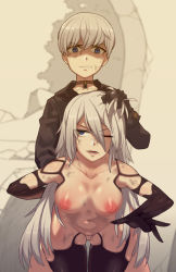 Rule 34 | 1boy, 1girl, angry, bdsm, bent over, blindfold, blue eyes, blush, bottomless, breasts, collarbone, grabbing another&#039;s hair, hetero, highres, long hair, medium breasts, mole, mole under mouth, nier, nier (series), nier:automata, nipples, nite (ku3456), one eye closed, open mouth, parted lips, pussy, rape, sex, short hair, thighhighs, uncensored, vaginal, white hair, 9s (nier:automata), a2 (nier:automata)