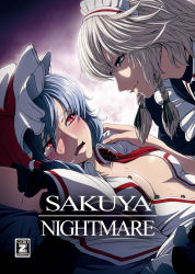 Rule 34 | 2girls, blue eyes, blush, braid, breasts, cleavage, cover, cover page, fangs, female focus, hat, imizu (nitro unknown), imminent rape, izayoi sakuya, medium breasts, multiple girls, naughty face, open clothes, open shirt, red eyes, remilia scarlet, shirt, short hair, silver hair, tears, touhou, twin braids, you gonna get raped, yuri