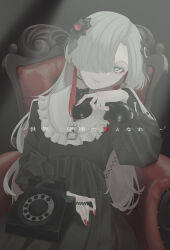 Rule 34 | 1girl, absurdres, antique phone, aqua eyes, armchair, black bow, black bowtie, black dress, black flower, bow, bowtie, chair, collared dress, corded phone, dress, flower, frilled shirt collar, frills, hair flower, hair ornament, hair over one eye, highres, holding, holding phone, isekai joucho, kamitsubaki studio, long hair, long sleeves, looking at viewer, lyrics, multicolored hair, nail polish, parted lips, phone, red hair, red nails, rotary phone, sitting, smile, solo, two-tone hair, virtual youtuber, white hair, zudxpnz