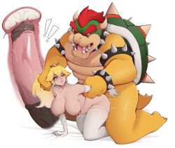 Rule 34 | !, !!, 1boy, 1girl, ^^^, arm held back, arm support, armlet, artist name, bed sheet, black collar, blonde hair, blue eyes, bowser, bracelet, breasts, cervix, clenched teeth, collar, cross-section, crown, cum, cum in pussy, deep penetration, doggystyle, drooling, earrings, ejaculation, elbow gloves, erection, eyelashes, from side, glint, gloves, grabbing, grabbing another&#039;s hair, green shell (mario), heart, heart-shaped pupils, hetero, highres, horns, internal cumshot, jewelry, kneeling, lace, lace-trimmed legwear, lace trim, large breasts, large penis, lips, long hair, looking at another, looking down, looking up, luxu, mario (series), monster, nintendo, nipples, nose, nostrils, nude, one eye closed, open mouth, penis, princess peach, red eyes, red hair, saliva, sex, sex from behind, sharp teeth, shell, simple background, size difference, spiked armlet, spiked bracelet, spiked collar, spiked shell, spiked tail, spikes, stomach bulge, super mario bros. 1, symbol-shaped pupils, tail, tearing up, tears, teeth, thick eyebrows, thighhighs, tongue, uncensored, uterus, vaginal, veins, veiny penis, white background, white gloves, white thighhighs