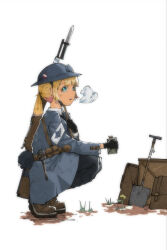 Rule 34 | 1girl, absurdres, bag, unworn bag, bayonet, belt pouch, black gloves, black necktie, black pants, blonde hair, blue headwear, blue jacket, blush, boots, box, breath, brown bag, brown footwear, canteen, collared shirt, combat helmet, commentary, earrings, english commentary, flower, full body, gloves, hand up, helmet, highres, holding, holding canteen, jacket, jewelry, knee boots, long sleeves, looking afar, looking to the side, military uniform, necktie, open mouth, original, pants, ponytail, pouch, putomaya, shirt, shovel, solo, squatting, steam, stick grenade, stud earrings, teeth, uniform, upper teeth only, weapon, weapon on back, weapon request, white background, white shirt, yellow flower