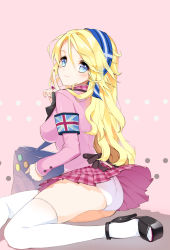 Rule 34 | 1girl, armband, ass, bad id, bad pixiv id, badge, bag, bandana, blazer, blonde hair, blue eyes, breasts, button badge, cherrypin, covered erect nipples, flag, flag print, high heels, impossible clothes, impossible shirt, index finger raised, jacket, long hair, medium breasts, miniskirt, nail polish, original, panties, pantyshot, plaid, plaid skirt, platform footwear, pleated skirt, pointing, pointing up, school bag, shirt, shoes, simple background, skirt, smile, solo, thighhighs, thighs, underwear, union jack, upskirt, white panties, white thighhighs
