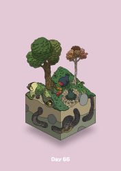 Rule 34 | carrying, commentary request, creature, diorama, food, fruit, gozz, highres, isometric, log, mole, original, pink background, tree, upside-down