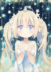 Rule 34 | 1girl, :&lt;, ahoge, bare arms, bare shoulders, blonde hair, blue eyes, closed mouth, commentary request, dress, hair ornament, holding, long hair, looking at viewer, original, sleeveless, sleeveless dress, solo, standing, star (symbol), starry background, twintails, upper body, white dress, yamadori yoshitomo