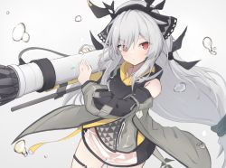 Rule 34 | 1girl, arknights, bare shoulders, cannon, commentary request, cowboy shot, detached sleeves, dress, grey background, highres, holding, holding cannon, long hair, long sleeves, looking at viewer, matchadzuke, partial commentary, red eyes, short dress, silver hair, simple background, solo, standing, water drop, weedy (arknights)