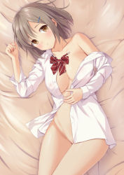 Rule 34 | 1girl, bare shoulders, bed sheet, blush, bow, breasts, brown eyes, brown hair, collarbone, collared shirt, covered erect nipples, diagonal stripes, dress shirt, groin, hair ornament, hairclip, long sleeves, looking at viewer, lying, medium breasts, n.g., naked shirt, off shoulder, on side, open clothes, open shirt, original, parted lips, red bow, shirt, solo, striped, striped bow, white shirt