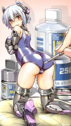 Rule 34 | 10s, 1girl, arched back, artist name, ass, barcode, bare shoulders, blue hair, blush, bottle, breasts, cushion, embarrassed, english text, fingernails, frame arms girl, from behind, frown, gradient background, headgear, high heels, highres, hraesvelg, hresvelgr, kneeling, looking back, md5 mismatch, mecha musume, medium breasts, mini person, minigirl, nose blush, okutama tarou, one-piece swimsuit, out of frame, paintbrush, red eyes, school swimsuit, silhouette, solo focus, swimsuit