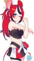 Rule 34 | alternate hairstyle, animal ears, bare shoulders, belt, black hair, blush, bow, cowboy shot, dice hair ornament, hair ornament, hakos baelz, highres, hololive, hololive english, looking at viewer, midriff, mouse ears, mouse tail, mousetrap, multicolored hair, navel, one eye closed, pleated skirt, ponytail, red hair, skirt, solo, streaked hair, stretching, tail, tail bow, tail ornament, twitter username, virtual youtuber, white background, white hair, yoako