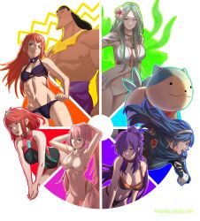 Rule 34 | 1boy, 6+girls, absurdres, animal, armpits, arms up, bare shoulders, bikini, blue dress, blue hair, breasts, cleavage, color wheel challenge, commentary, dress, english commentary, fire emblem, fire emblem: three houses, fire emblem engage, fire emblem warriors: three hopes, flower, green eyes, green hair, hair flower, hair ornament, highres, hilda valentine goneril, kronk, large breasts, long hair, lucina (fire emblem), multiple drawing challenge, multiple girls, navel, nintendo, panette (fire emblem), pink hair, pomelomelon, purple eyes, purple hair, pyra (xenoblade), rainbow order, rhea (fire emblem), rhea (summer) (fire emblem), shez (female) (fire emblem), shez (fire emblem), simple background, sommie (fire emblem), stomach, swimsuit, the emperor&#039;s new groove, tiara, topless male, twintails, white background, white bikini, white flower, xenoblade chronicles (series), xenoblade chronicles 2