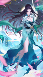 Rule 34 | 1girl, absurdres, artist request, bare legs, black hair, blue eyes, cleavage cutout, closed mouth, clothing cutout, doupo cangqiong, earrings, falling petals, floating, full body, hair bun, high heels, highres, holding, holding sword, holding weapon, jewelry, long hair, long sleeves, moon, mountain, necklace, night, petals, reverse grip, second-party source, solo, sword, tassel, tassel earrings, weapon, yun yun (doupo cangqiong)