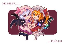 Rule 34 | 2girls, artist name, bad id, bad twitter id, bat wings, black legwear, blonde hair, blush stickers, bow, crystal, dated, dress, flandre scarlet, frills, hat, heart, heart hands, heart hands duo, king liu, light purple hair, mob cap, multiple girls, one side up, open mouth, pink dress, pink eyes, pixel art, puffy short sleeves, puffy sleeves, red bow, red skirt, red vest, remilia scarlet, shirt, short hair, short sleeves, siblings, sisters, skirt, skirt set, thighhighs, touhou, vest, white legwear, white shirt, wings