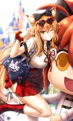 Rule 34 | 1girl, amusement park, animal ear fluff, animal ears, bag charm, black bow, blonde hair, blouse, blurry, blurry background, blush, boots, bow, breasts, charm (object), collared shirt, day, disneyland, eyewear on head, fate/extra, fate/extra ccc, fate/extra ccc fox tail, fate (series), fox ears, fox tail, grin, hair between eyes, hair bow, heart, heart-shaped eyewear, heart necklace, high-waist skirt, highres, jewelry, large breasts, leg up, long hair, looking at viewer, nail art, nail polish, neck ribbon, necklace, one eye closed, outdoors, red footwear, red nails, red ribbon, red skirt, ribbon, scrunchie, shirt, short sleeves, sidelocks, skirt, smile, solo, suien, suzuka gozen (fate), tail, w, wrist scrunchie, yellow eyes