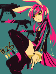 Rule 34 | 1girl, animal ears, bad id, bad pixiv id, black footwear, blazer, blue background, boots, crescent, crescent moon, crescent pin, expressionless, extra ears, finger gun, fingernails, gun, h&amp;k mp5sd, heckler &amp; koch, highres, integral suppressor, integrally-suppressed firearm, jacket, limited palette, long hair, long sleeves, moon, nail polish, numbered, pink eyes, pink hair, pink skirt, rabbit ears, reisen udongein inaba, sanso, simple background, skirt, solo, submachine gun, suppressor, thigh boots, thighhighs, touhou, weapon