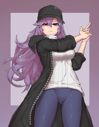 Rule 34 | &gt;:(, 1girl, bad id, bad pixiv id, baseball cap, black hat, black jacket, blue pants, breasts, closed mouth, commission, dungbae, finger gun, hair between eyes, hat, highres, jacket, long hair, long sleeves, looking at viewer, medium breasts, open clothes, open jacket, original, pants, purple background, purple eyes, purple hair, smile, solo, sweater, tight clothes, tight pants, tsurime, turtleneck, turtleneck sweater, two-tone background, v-shaped eyebrows