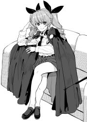 Rule 34 | 1girl, anchovy (girls und panzer), anzio school uniform, belt, bonkara (sokuseki maou), cape, closed mouth, commentary, couch, crossed legs, dress shirt, drill hair, elbow rest, emblem, girls und panzer, greyscale, hair ribbon, highres, leaning to the side, loafers, long hair, long sleeves, looking at viewer, miniskirt, monochrome, necktie, on couch, pantyhose, pleated skirt, ribbon, riding crop, school uniform, shirt, shoes, sitting, skirt, smile, solo, twin drills, twintails