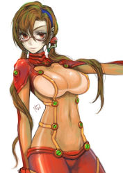 Rule 34 | 1girl, alternate costume, bad id, bad pixiv id, bodysuit, breasts, brown hair, clothes writing, cosplay, covered erect nipples, covered navel, cowboy shot, artistic error, evangelion: 2.0 you can (not) advance, from side, glasses, groin, hair between eyes, hairband, highres, kaguyuzu, large breasts, long hair, looking at viewer, low twintails, makinami mari illustrious, multicolored clothes, narrow waist, neon genesis evangelion, outstretched arm, pilot suit, plugsuit, rebuild of evangelion, red-framed eyewear, red bodysuit, red eyes, see-through, see-through bodysuit, shiny clothes, signature, simple background, smile, solo, souryuu asuka langley (cosplay), test plugsuit, turtleneck, twintails, very long hair, white background, wide hips