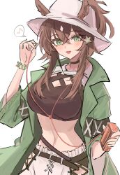 Rule 34 | 1girl, :d, animal ears, arknights, black shirt, breasts, brown hair, commentary request, crop top, earbuds, earphones, ears through headwear, eighth note, green eyes, green jacket, hair between eyes, hair ornament, hair through headwear, highres, holding, holding earphones, jacket, long hair, long sleeves, looking at viewer, medium breasts, meteor (arknights), meteor (bard&#039;s holiday) (arknights), musical note, navel, open clothes, open jacket, open mouth, shino duka, shirt, skirt, smile, solo, spoken musical note, star (symbol), star hair ornament, white headwear, white skirt, wide sleeves